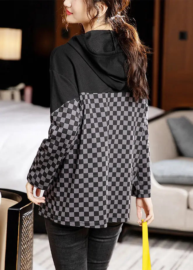 French Plaid Hooded Patchwork Cotton Top Long Sleeve Ada Fashion