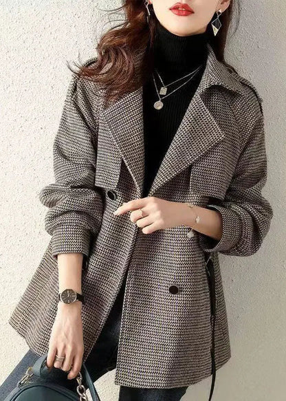 French Plaid Peter Pan Collar Pockets Patchwork Woolen Coats Fall Ada Fashion