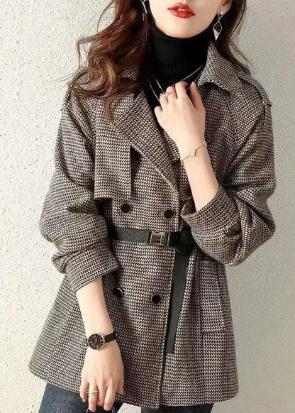 French Plaid Peter Pan Collar Pockets Patchwork Woolen Coats Fall Ada Fashion