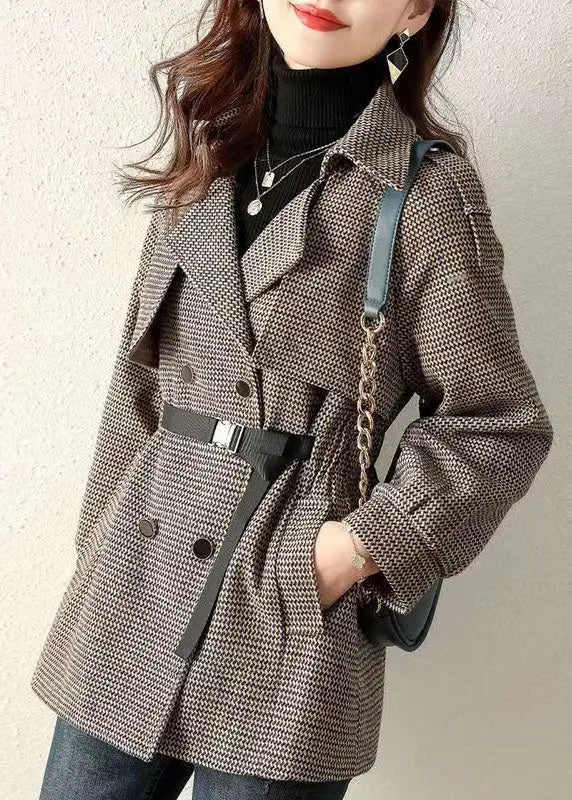 French Plaid Peter Pan Collar Pockets Patchwork Woolen Coats Fall Ada Fashion