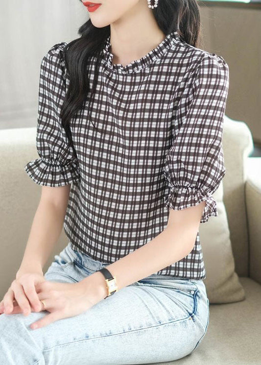 French Plaid Ruffled Patchwork Chiffon Shirt Tops Summer LY1475 - fabuloryshop