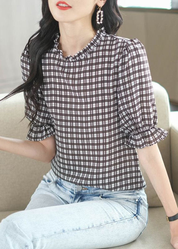 French Plaid Ruffled Patchwork Chiffon Shirt Tops Summer LY1475 - fabuloryshop