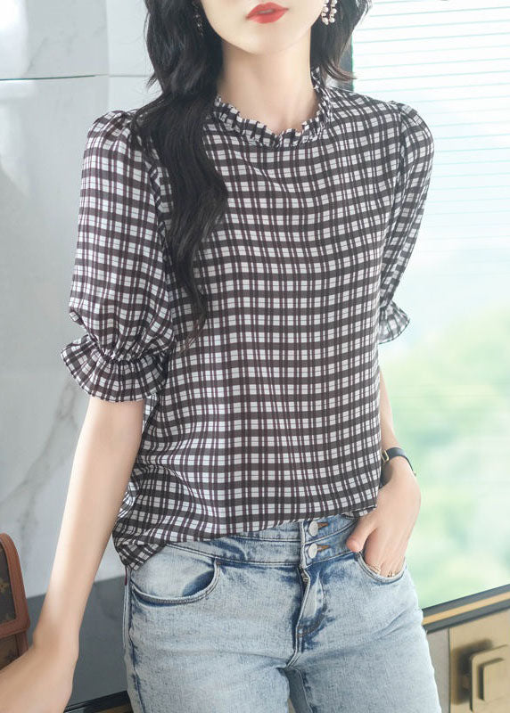 French Plaid Ruffled Patchwork Chiffon Shirt Tops Summer LY1475 - fabuloryshop