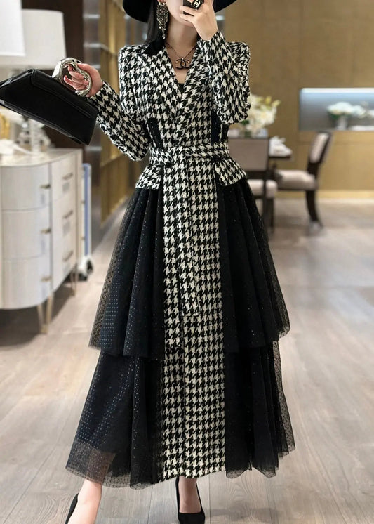 French Plaid Tie Waist Tulle Patchwork Long Trench Coat Fall Ada Fashion