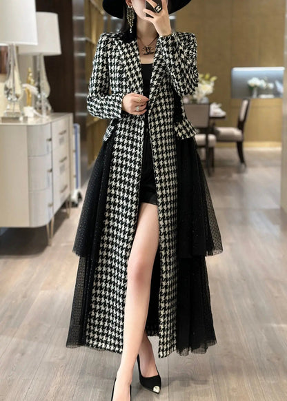 French Plaid Tie Waist Tulle Patchwork Long Trench Coat Fall Ada Fashion