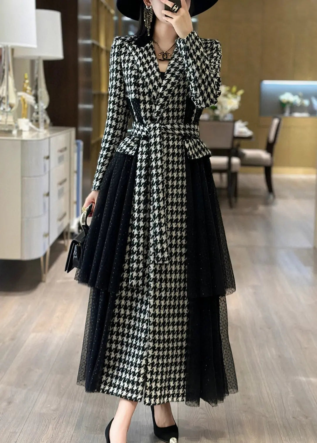 French Plaid Tie Waist Tulle Patchwork Long Trench Coat Fall Ada Fashion