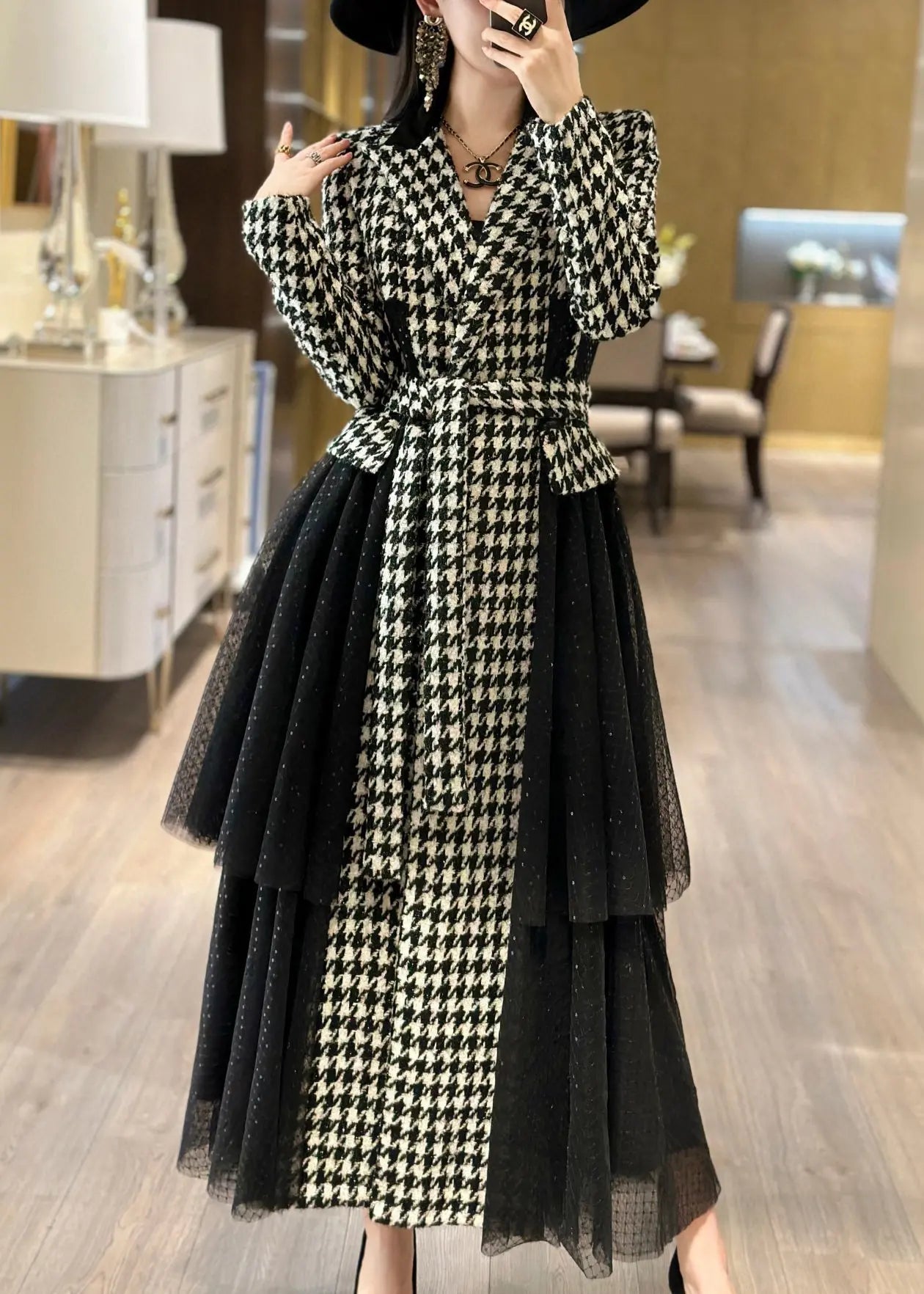 French Plaid Tie Waist Tulle Patchwork Long Trench Coat Fall Ada Fashion