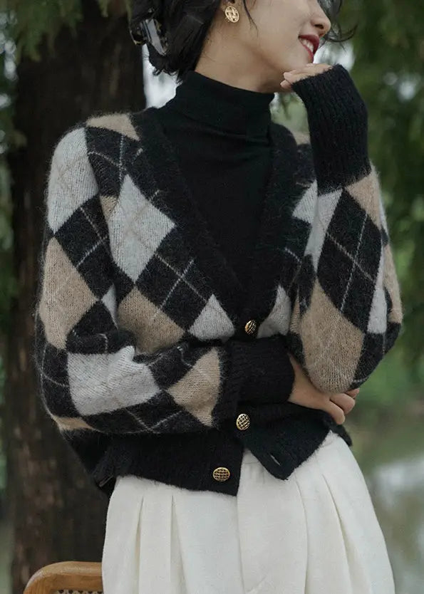 French Plaid V Neck Button  Knit Coats Long Sleeve Ada Fashion