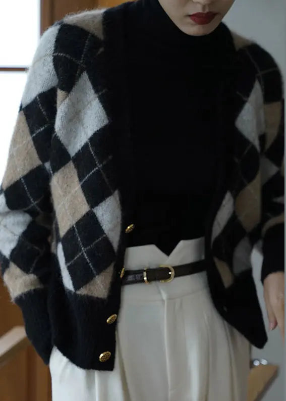 French Plaid V Neck Button  Knit Coats Long Sleeve Ada Fashion