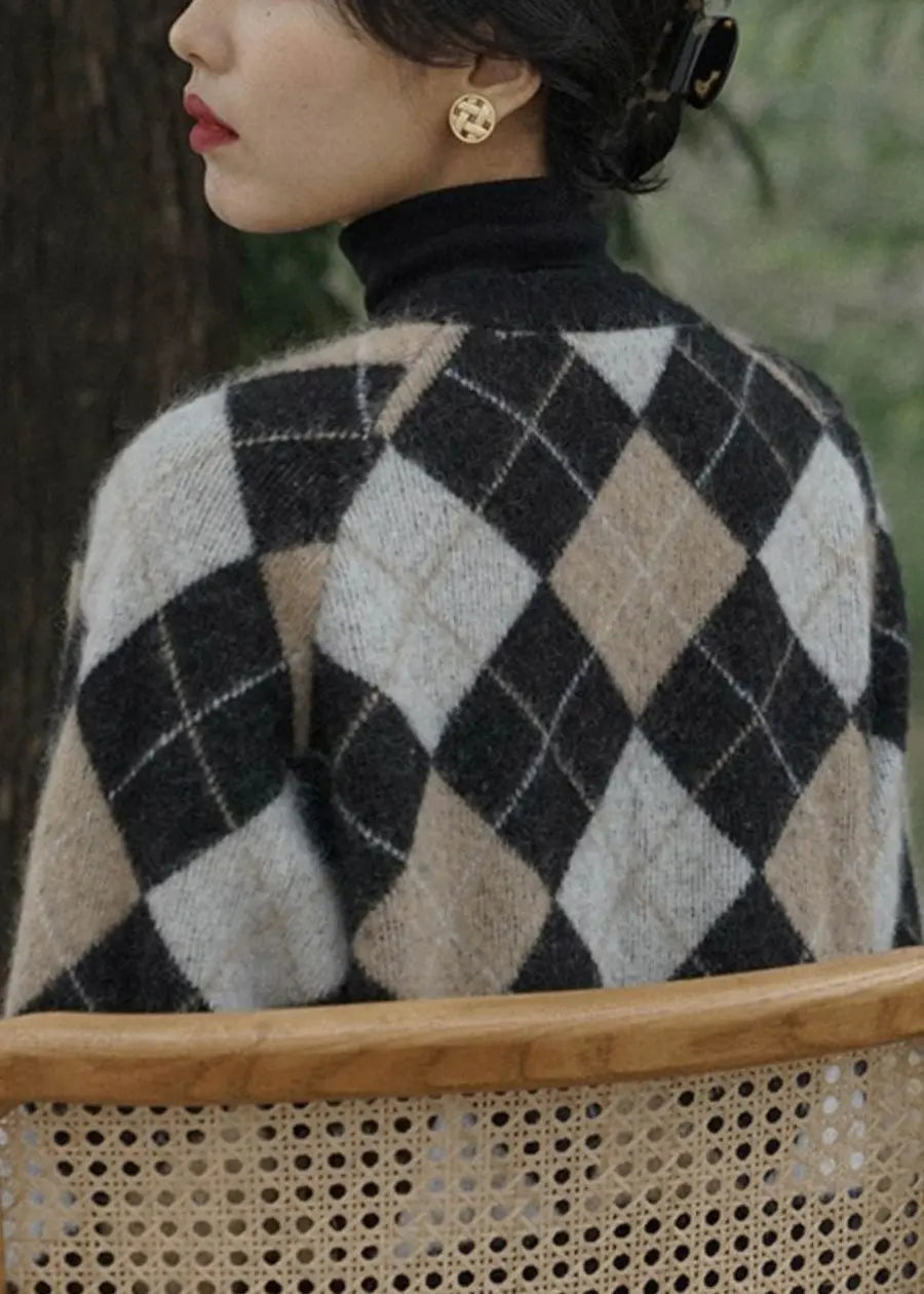 French Plaid V Neck Button  Knit Coats Long Sleeve Ada Fashion