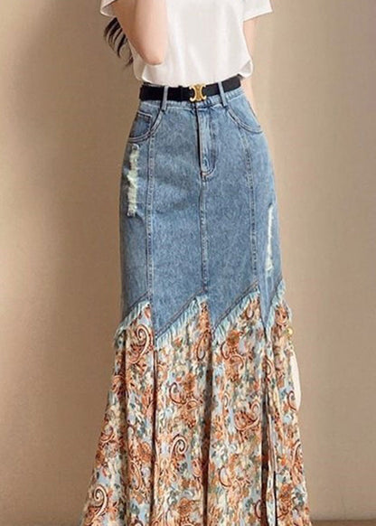 French Print Patchwork Button Denim Maxi Skirts Summer TY1084 - fabuloryshop