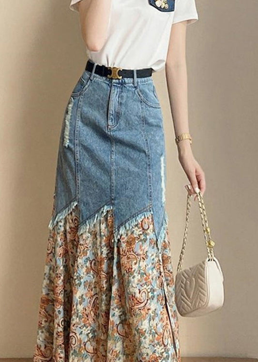 French Print Patchwork Button Denim Maxi Skirts Summer TY1084 - fabuloryshop