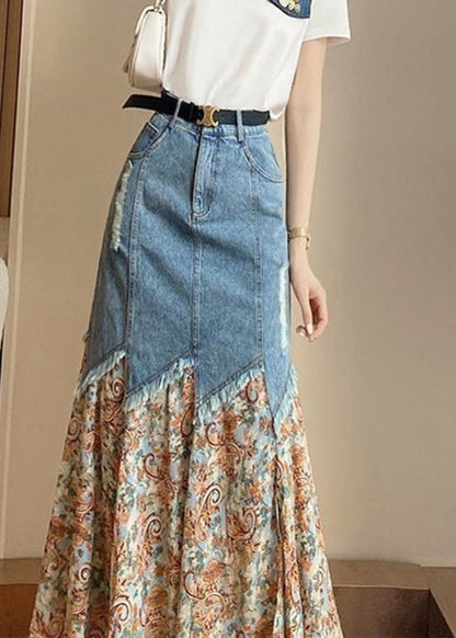 French Print Patchwork Button Denim Maxi Skirts Summer TY1084 - fabuloryshop