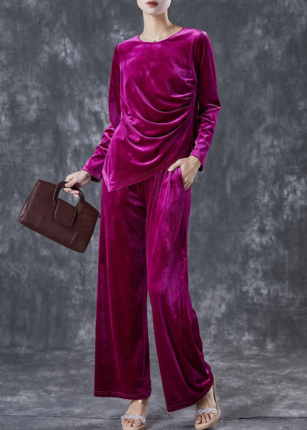 French Purple Asymmetrical Wrinkled Silk Velour Women Sets 2 Pieces Fall Ada Fashion