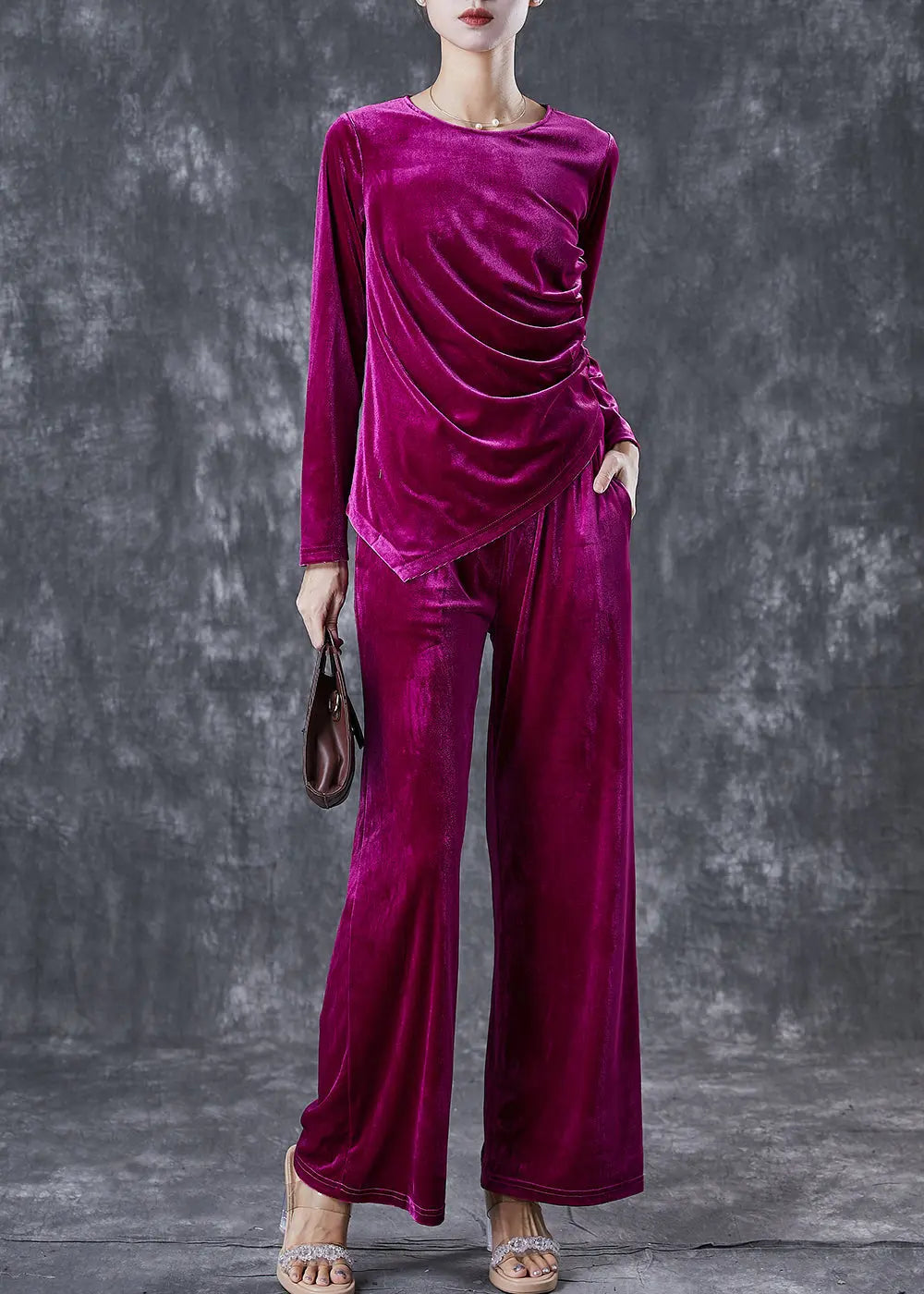 French Purple Asymmetrical Wrinkled Silk Velour Women Sets 2 Pieces Fall Ada Fashion