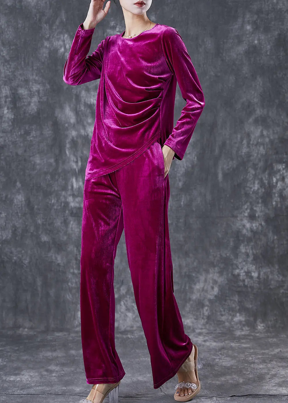French Purple Asymmetrical Wrinkled Silk Velour Women Sets 2 Pieces Fall Ada Fashion