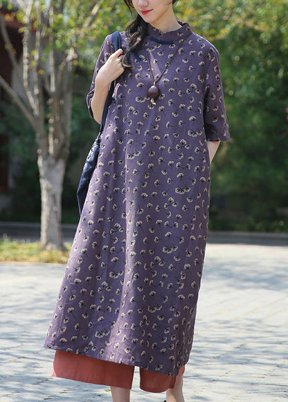 French Purple Button Print Patchwork Cotton Dress Summer Ada Fashion