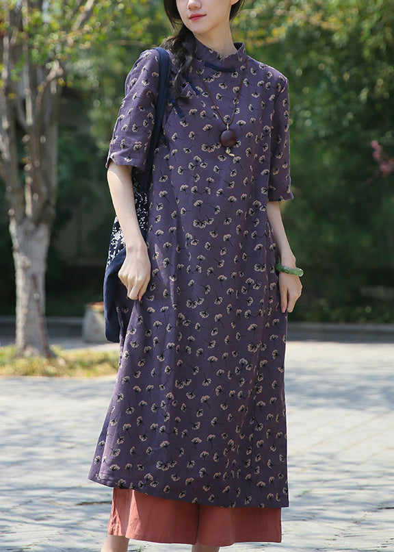 French Purple Button Print Patchwork Cotton Dress Summer Ada Fashion