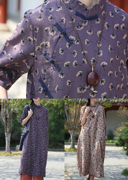 French Purple Button Print Patchwork Cotton Dress Summer Ada Fashion