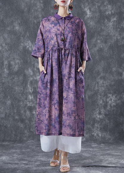 French Purple Cinched Tie Dye Linen Dress Summer LY5613 - fabuloryshop