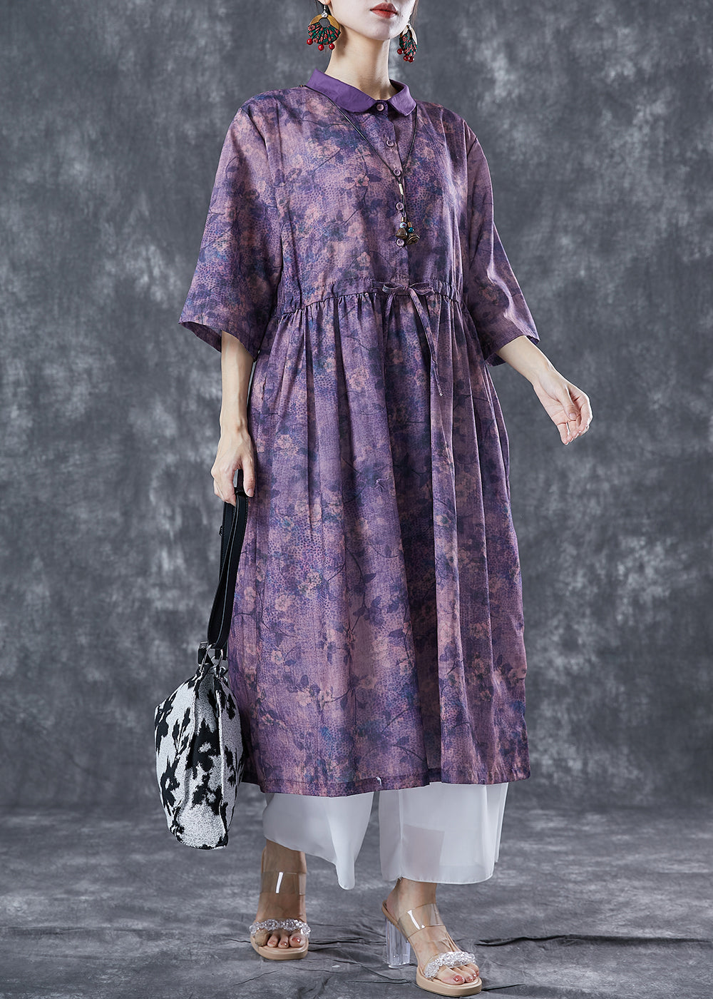 French Purple Cinched Tie Dye Linen Dress Summer LY5613 - fabuloryshop