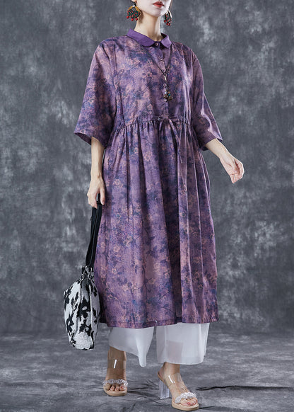 French Purple Cinched Tie Dye Linen Dress Summer LY5613 - fabuloryshop