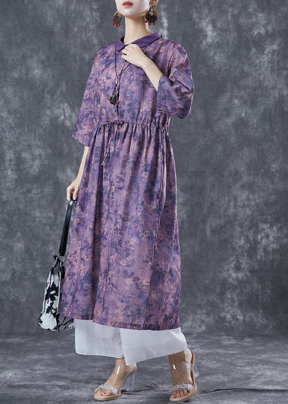 French Purple Cinched Tie Dye Linen Dress Summer LY5613 - fabuloryshop