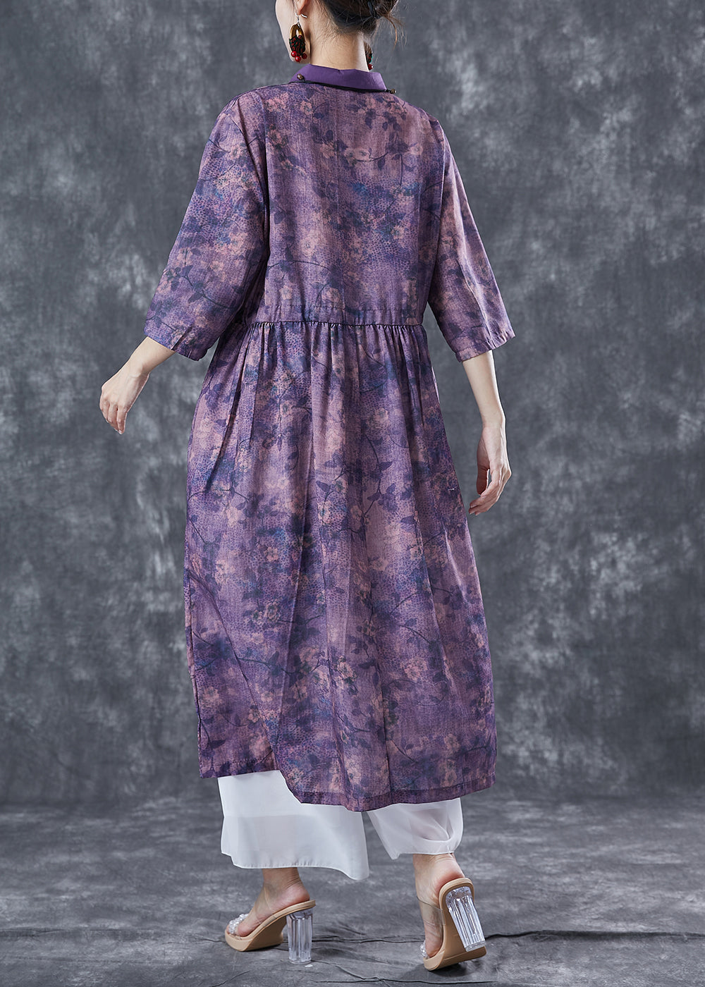 French Purple Cinched Tie Dye Linen Dress Summer LY5613 - fabuloryshop