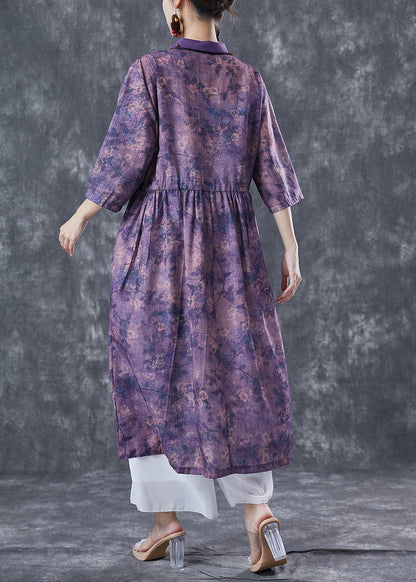 French Purple Cinched Tie Dye Linen Dress Summer LY5613 - fabuloryshop