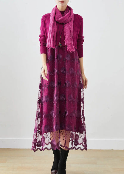 French Purple Embroideried Patchwork Knit Vacation Dresses Fall Ada Fashion