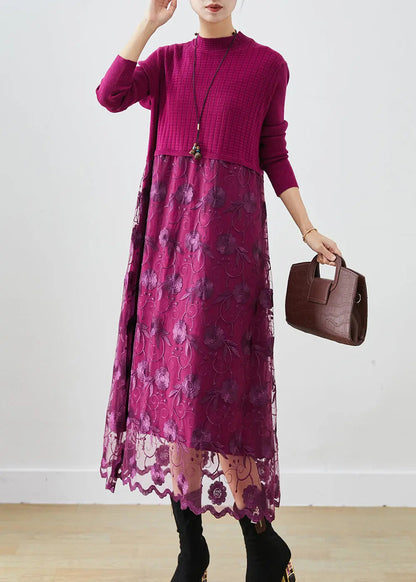 French Purple Embroideried Patchwork Knit Vacation Dresses Fall Ada Fashion