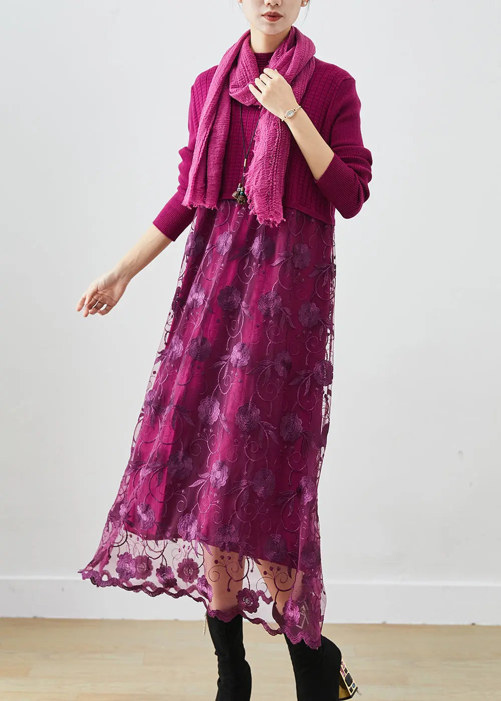 French Purple Embroideried Patchwork Knit Vacation Dresses Fall Ada Fashion