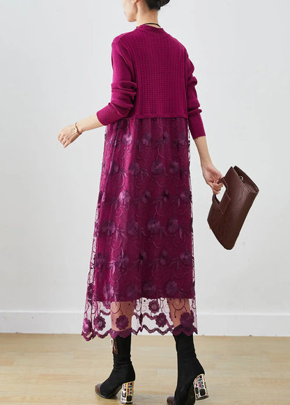 French Purple Embroideried Patchwork Knit Vacation Dresses Fall Ada Fashion