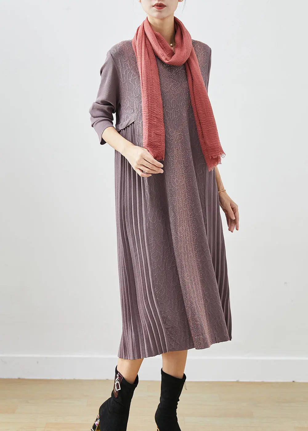 French Purple Grey Jacquard Knit Maxi Pleated Dresses Fall Ada Fashion