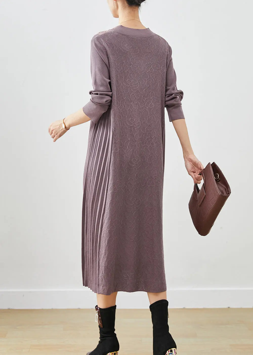 French Purple Grey Jacquard Knit Maxi Pleated Dresses Fall Ada Fashion