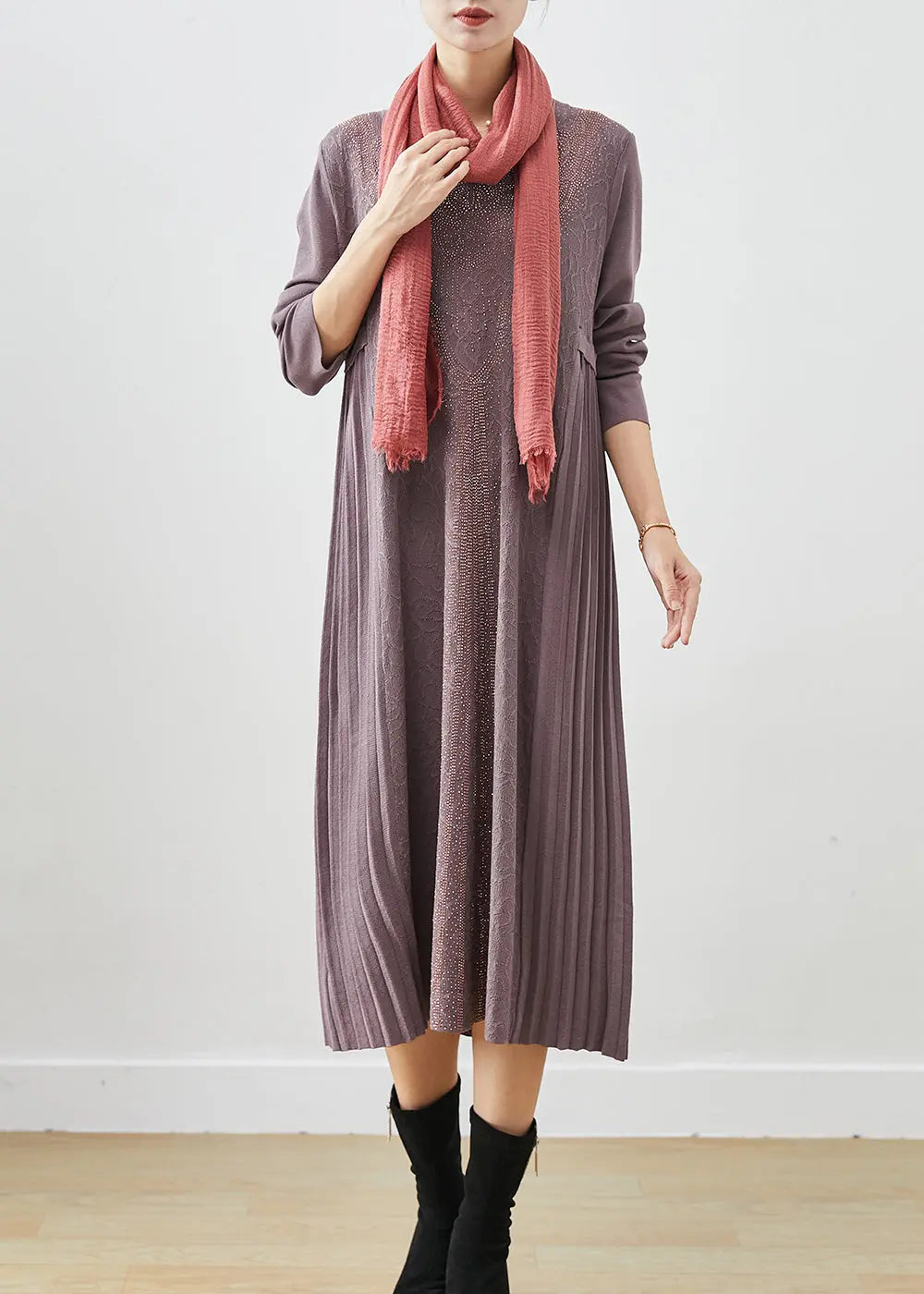 French Purple Grey Jacquard Knit Maxi Pleated Dresses Fall Ada Fashion