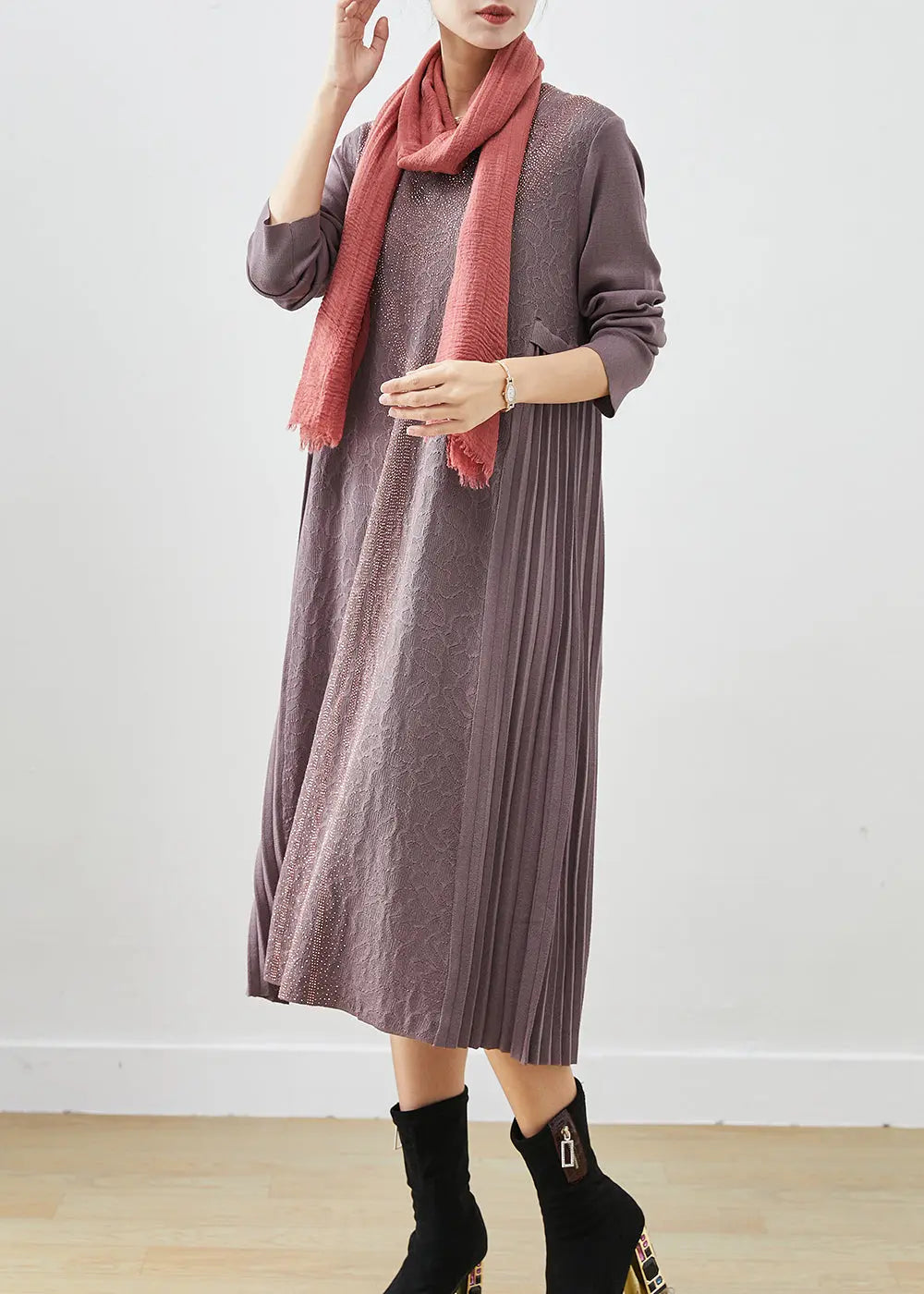 French Purple Grey Jacquard Knit Maxi Pleated Dresses Fall Ada Fashion