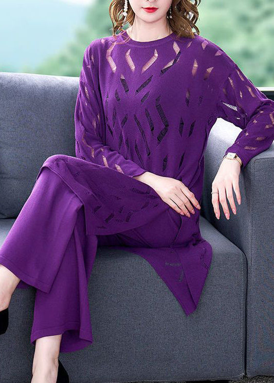 French Purple Hollow Out Side Open Knit Two Pieces Set Summer LY3740 - fabuloryshop