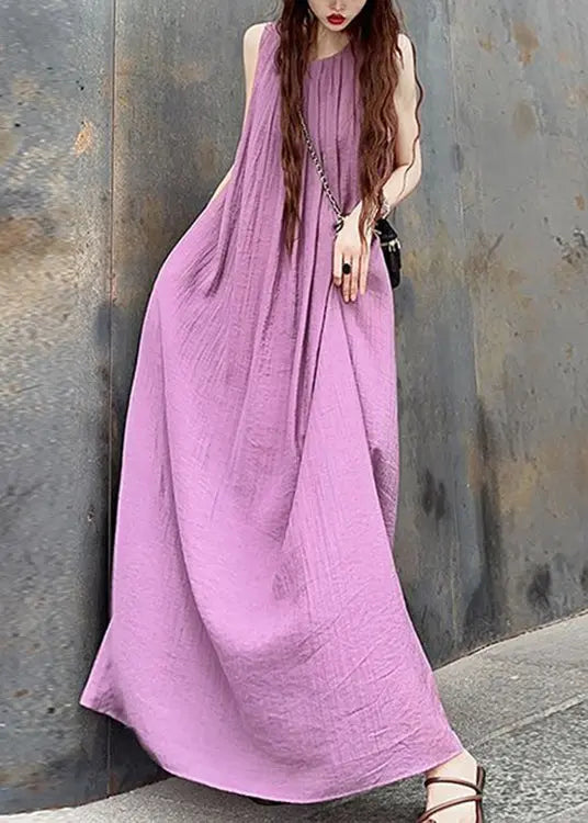 French Purple O Neck Wrinkled Patchwork Cotton Maxi Dresses Sleeveless Ada Fashion