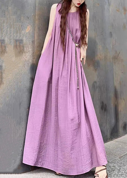 French Purple O Neck Wrinkled Patchwork Cotton Maxi Dresses Sleeveless Ada Fashion