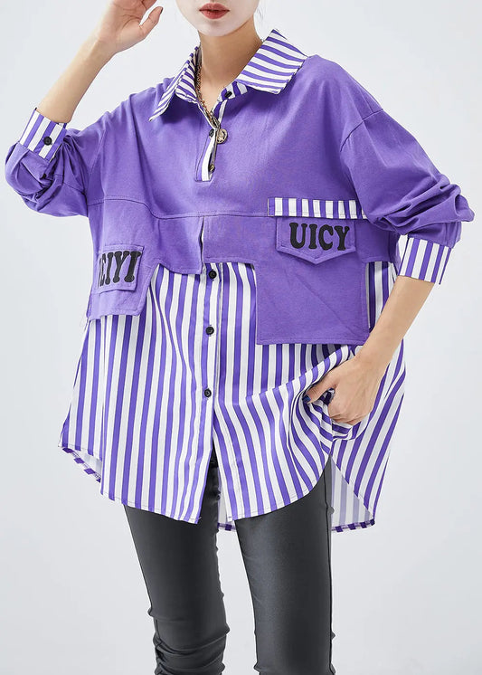 French Purple Oversized Patchwork Striped Cotton Sweatshirt Fall Ada Fashion