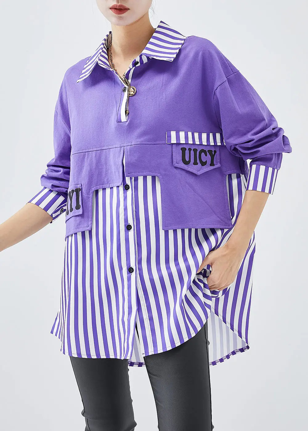 French Purple Oversized Patchwork Striped Cotton Sweatshirt Fall Ada Fashion