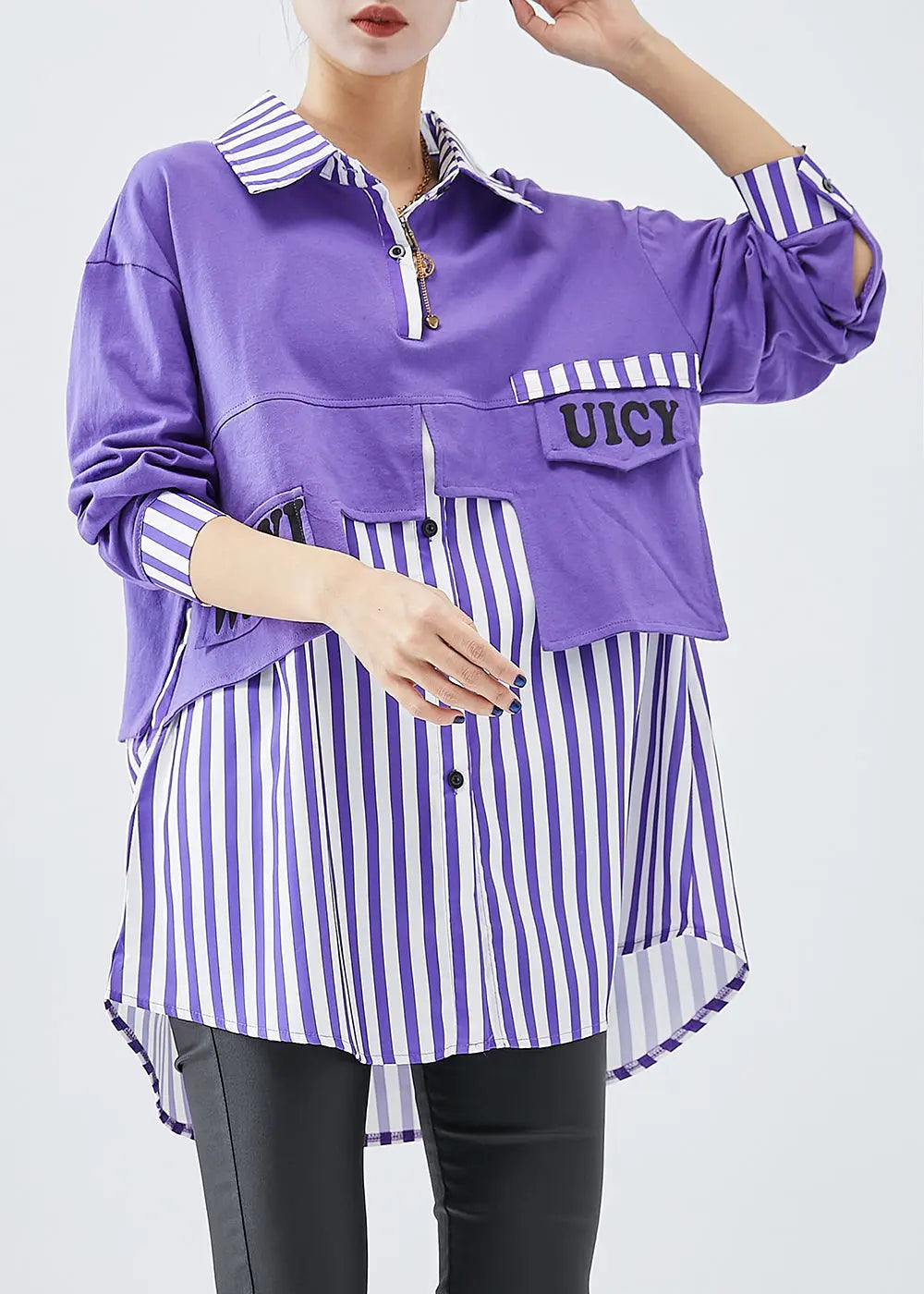 French Purple Oversized Patchwork Striped Cotton Sweatshirt Fall Ada Fashion