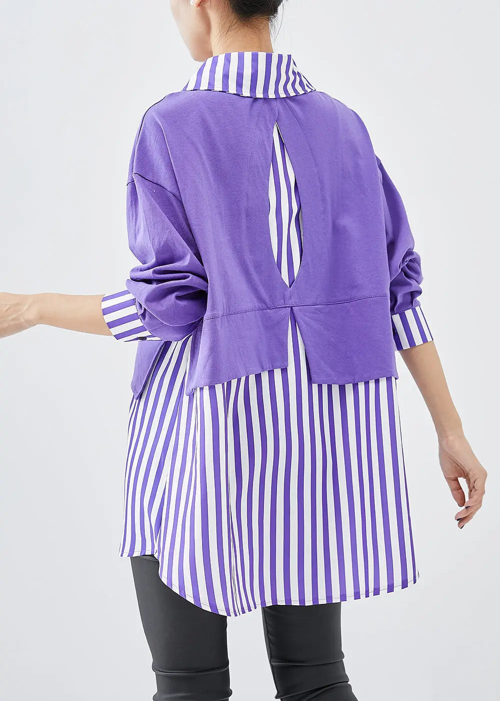 French Purple Oversized Patchwork Striped Cotton Sweatshirt Fall Ada Fashion