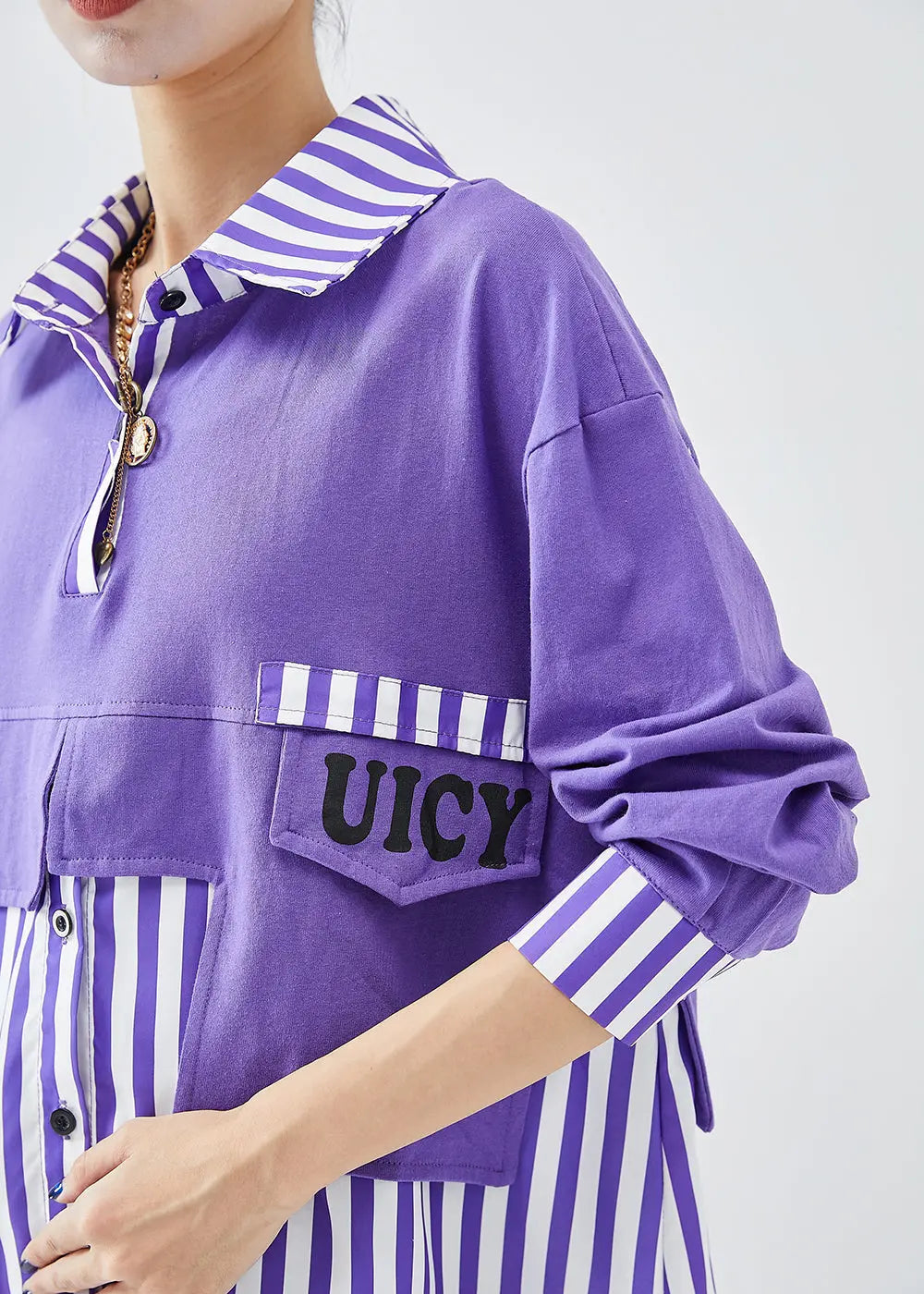 French Purple Oversized Patchwork Striped Cotton Sweatshirt Fall Ada Fashion