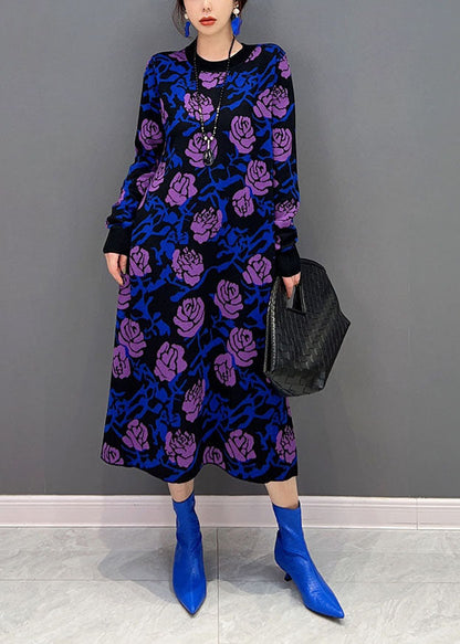 French Purple Rose Print Slim Fit Knit Long Dress Spring LY1660 - fabuloryshop