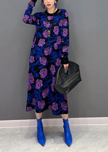 French Purple Rose Print Slim Fit Knit Long Dress Spring LY1660 - fabuloryshop