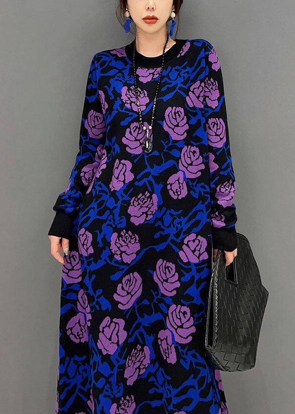 French Purple Rose Print Slim Fit Knit Long Dress Spring LY1660 - fabuloryshop