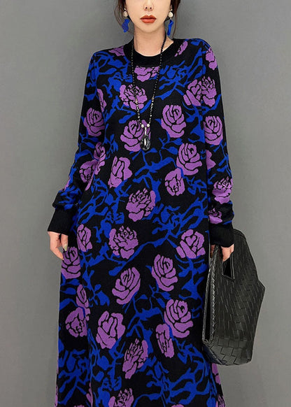 French Purple Rose Print Slim Fit Knit Long Dress Spring LY1660 - fabuloryshop