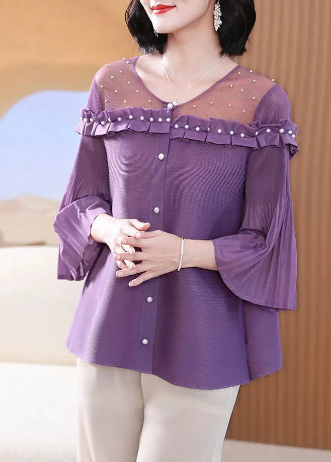 French Purple Ruffled Patchwork Nail Bead Tops Lantern Sleeve Ada Fashion